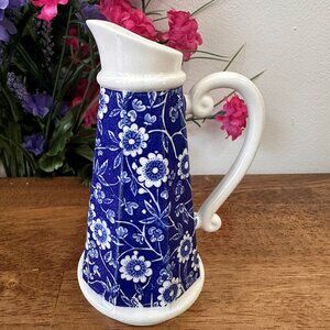 Vintage Blue and White Floral Transferware Pitcher‎ Scroll Handle Ceramic Jug